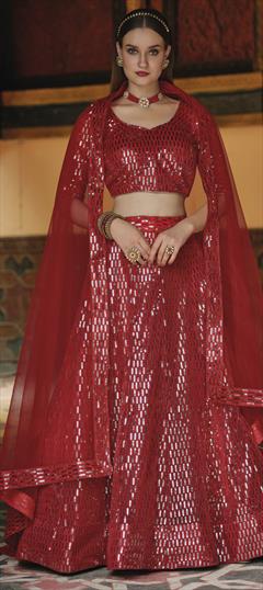 Festive, Reception Red and Maroon color Lehenga in Net fabric with A Line Sequence work : 1795676