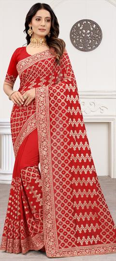 Traditional, Wedding Red and Maroon color Saree in Art Silk, Silk fabric with South Embroidered, Thread, Zari work : 1795712