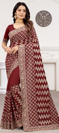 Traditional, Wedding Red and Maroon color Saree in Art Silk, Silk fabric with South Embroidered, Thread, Zari work : 1795718