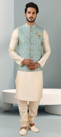 Beige and Brown color Kurta Pyjama with Jacket in Banarasi Silk fabric with Broches, Weaving work : 1795800