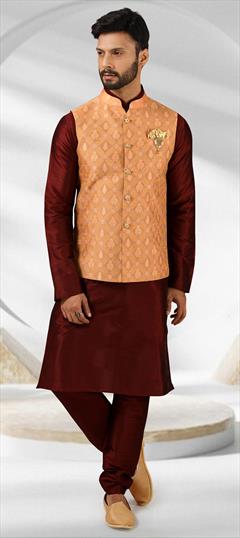 Red and Maroon color Kurta Pyjama with Jacket in Banarasi Silk fabric with Broches, Weaving work : 1795802