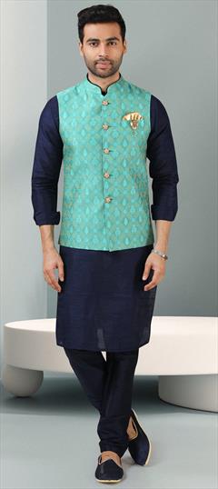 Blue color Kurta Pyjama with Jacket in Banarasi Silk fabric with Broches, Weaving work : 1795803