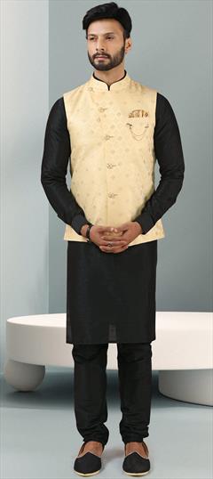 Black and Grey color Kurta Pyjama with Jacket in Banarasi Silk fabric with Broches, Weaving work : 1795804