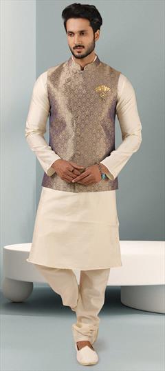 Beige and Brown color Kurta Pyjama with Jacket in Banarasi Silk fabric with Broches, Weaving work : 1795812