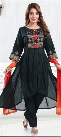 Festive, Party Wear Green color Salwar Kameez in Chanderi Silk fabric with Anarkali Embroidered, Resham, Thread work : 1795845