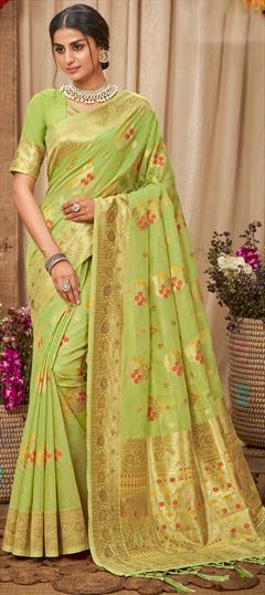 Traditional Green color Saree in Cotton fabric with Bengali Weaving work : 1795893
