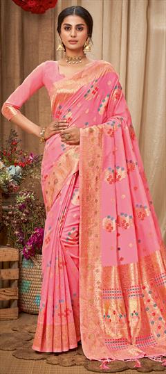 Traditional Pink and Majenta color Saree in Cotton fabric with Bengali Weaving work : 1795896