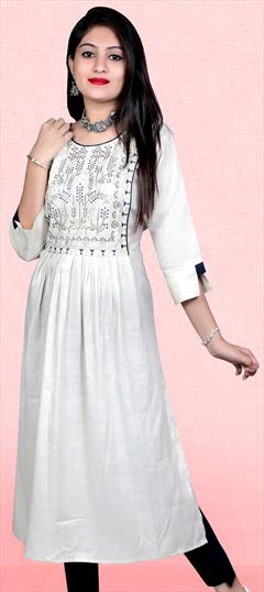 Party Wear White and Off White color Kurti in Rayon fabric with A Line, Long Sleeve Embroidered, Thread work : 1795905