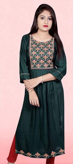 Party Wear Green color Kurti in Rayon fabric with A Line, Long Sleeve Embroidered, Thread work : 1795907