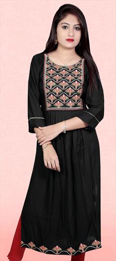 Party Wear Black and Grey color Kurti in Rayon fabric with A Line, Long Sleeve Embroidered, Thread work : 1795910