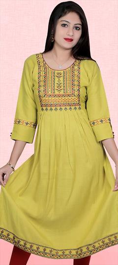 Party Wear Yellow color Kurti in Rayon fabric with A Line, Long Sleeve Embroidered, Thread work : 1795914