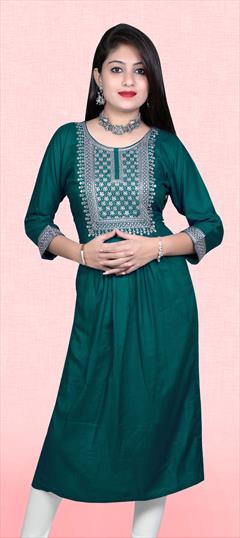 Party Wear Green color Kurti in Rayon fabric with A Line, Long Sleeve Embroidered, Thread work : 1795915