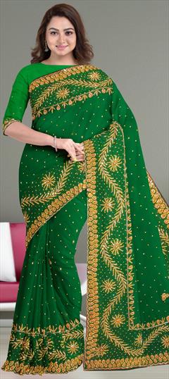 Bridal, Wedding Green color Saree in Georgette fabric with Classic Bugle Beads, Stone, Weaving work : 1795937
