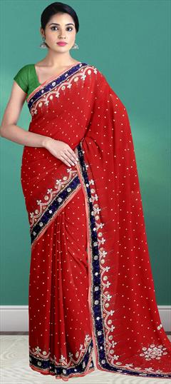 Bridal, Wedding Red and Maroon color Saree in Georgette fabric with Classic Bugle Beads, Lace, Stone work : 1795938