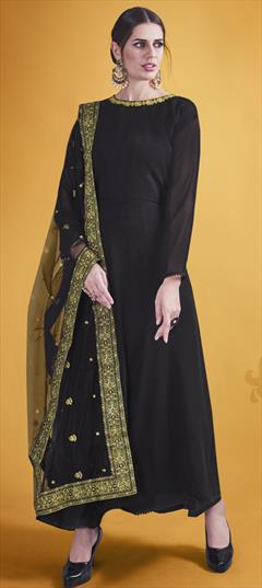 Festive, Party Wear Black and Grey color Salwar Kameez in Georgette fabric with A Line Sequence, Zari work : 1796379