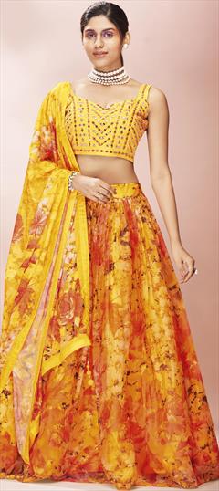Reception, Wedding Yellow color Ready to Wear Lehenga in Organza Silk, Silk fabric with A Line Embroidered, Floral, Mirror, Printed, Thread work : 1796492
