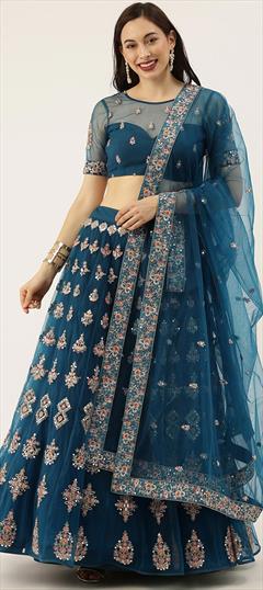 Festive, Reception, Wedding Blue color Lehenga in Net fabric with A Line Mirror, Thread work : 1796497