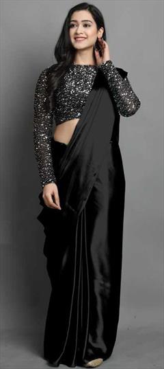 Party Wear, Traditional Black and Grey color Saree in Satin Silk, Silk fabric with South Sequence work : 1796753