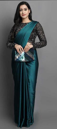 Traditional Blue color Saree in Satin Silk, Silk fabric with South Sequence work : 1796754