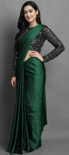 Bollywood, Traditional Green color Saree in Satin Silk, Silk fabric with South Sequence work : 1796755