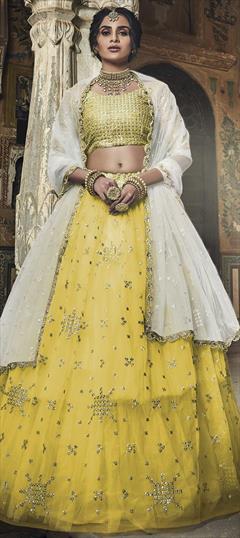 Reception, Wedding Yellow color Lehenga in Net fabric with A Line Sequence, Thread, Zari work : 1796849