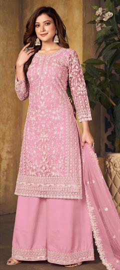 Festive, Party Wear Pink and Majenta color Salwar Kameez in Net fabric with Palazzo Embroidered, Resham, Thread work : 1797056