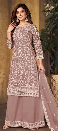 Party Wear Beige and Brown color Salwar Kameez in Net fabric with Palazzo Embroidered, Resham, Thread work : 1797058