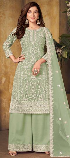 Festive, Party Wear Green color Salwar Kameez in Net fabric with Palazzo Embroidered, Resham, Thread work : 1797060