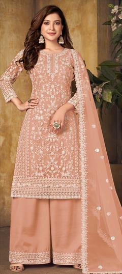 Festive, Party Wear Pink and Majenta color Salwar Kameez in Net fabric with Palazzo Embroidered, Resham, Thread work : 1797064