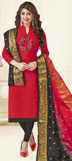 Casual, Party Wear Red and Maroon color Salwar Kameez in Cotton fabric with Churidar, Straight Bugle Beads, Thread work : 1797189