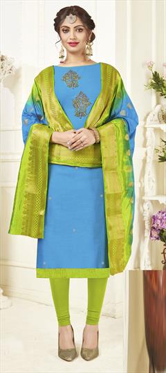 Casual, Party Wear Blue color Salwar Kameez in Cotton fabric with Churidar, Straight Bugle Beads, Thread work : 1797190