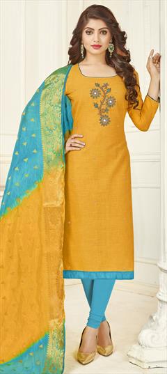 Casual, Party Wear Yellow color Salwar Kameez in Cotton fabric with Churidar, Straight Bugle Beads, Thread work : 1797191