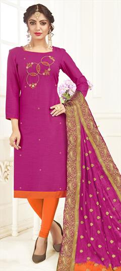 Casual, Party Wear Pink and Majenta color Salwar Kameez in Cotton fabric with Churidar, Straight Bugle Beads, Thread work : 1797192