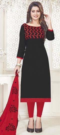 Casual Black and Grey color Salwar Kameez in Cotton fabric with Churidar, Straight Embroidered, Thread work : 1797205