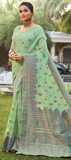 Traditional Green color Saree in Chanderi Silk, Silk fabric with South Weaving work : 1797464