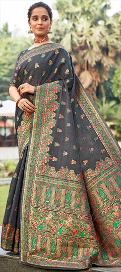 Traditional Black and Grey color Saree in Chanderi Silk, Silk fabric with South Weaving work : 1797468
