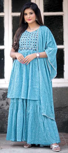 Festive, Party Wear Blue color Salwar Kameez in Cotton fabric with Sharara Embroidered, Mirror work : 1797565