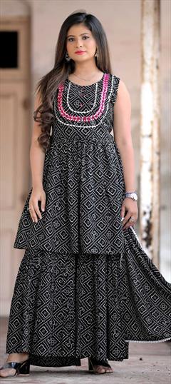 Festive, Party Wear Black and Grey color Salwar Kameez in Cotton fabric with Sharara Embroidered, Mirror work : 1797567
