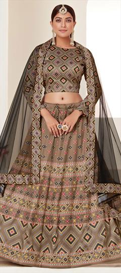 Engagement, Reception Beige and Brown color Lehenga in Art Silk fabric with A Line Digital Print work : 1797781