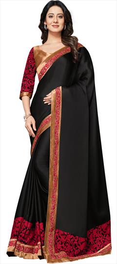 Traditional, Wedding Black and Grey color Saree in Satin Silk, Silk fabric with South Appliques, Embroidered, Stone, Thread work : 1797808