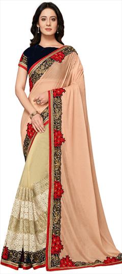 Traditional, Wedding Beige and Brown, Pink and Majenta color Saree in Net, Satin Silk fabric with South Embroidered, Sequence, Stone, Thread work : 1797809
