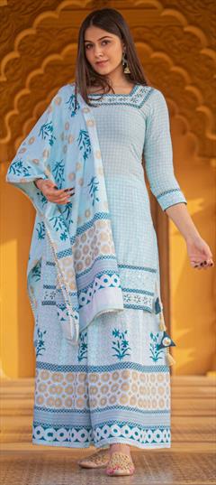Festive, Party Wear Blue color Salwar Kameez in Cotton fabric with Palazzo Printed work : 1798055
