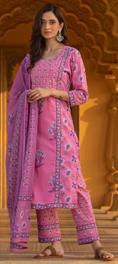Festive, Party Wear Pink and Majenta, Purple and Violet color Salwar Kameez in Cotton fabric with Straight Patch, Printed work : 1798057