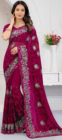 Mehendi Sangeet, Wedding Red and Maroon color Saree in Georgette fabric with Classic Embroidered, Mirror, Resham, Stone, Zircon work : 1798133