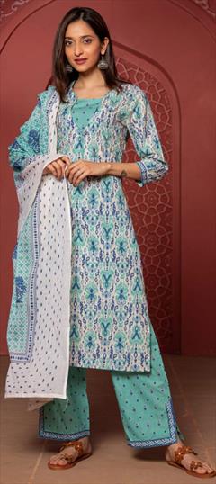 Festive, Party Wear Blue color Salwar Kameez in Cotton fabric with Straight Printed, Sequence work : 1798186