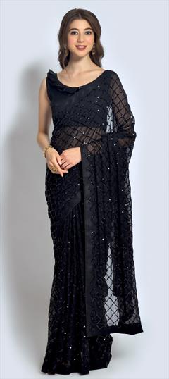 Designer, Festive, Party Wear Black and Grey color Saree in Georgette fabric with Classic Embroidered, Sequence, Thread work : 1798367