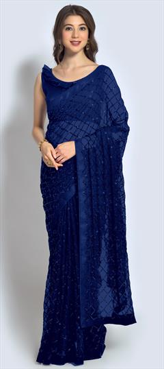 Festive, Party Wear Blue color Saree in Georgette fabric with Classic Embroidered, Sequence, Thread work : 1798368
