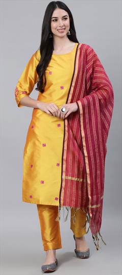 Party Wear Yellow color Salwar Kameez in Blended fabric with Straight Thread work : 1798420