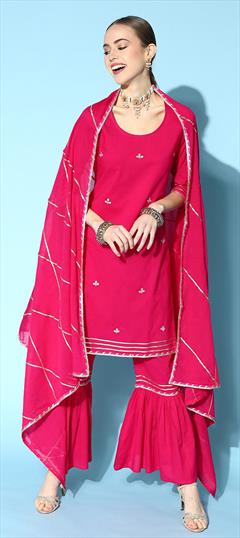 Party Wear Pink and Majenta color Salwar Kameez in Cotton fabric with Sharara Thread work : 1798421