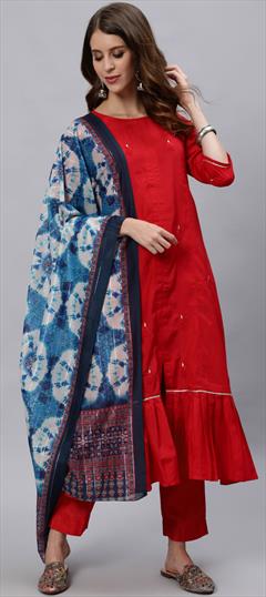 Party Wear Red and Maroon color Salwar Kameez in Blended fabric with Straight Zari work : 1798430